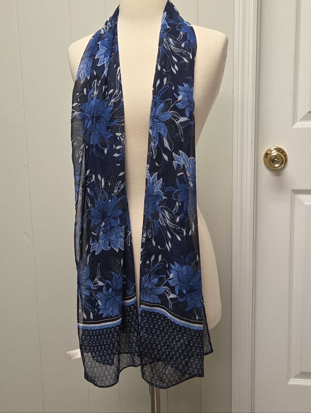 Rectangle Sheer Vibrant Blue Floral Scarf 73" Γ 21" Contrasting Border